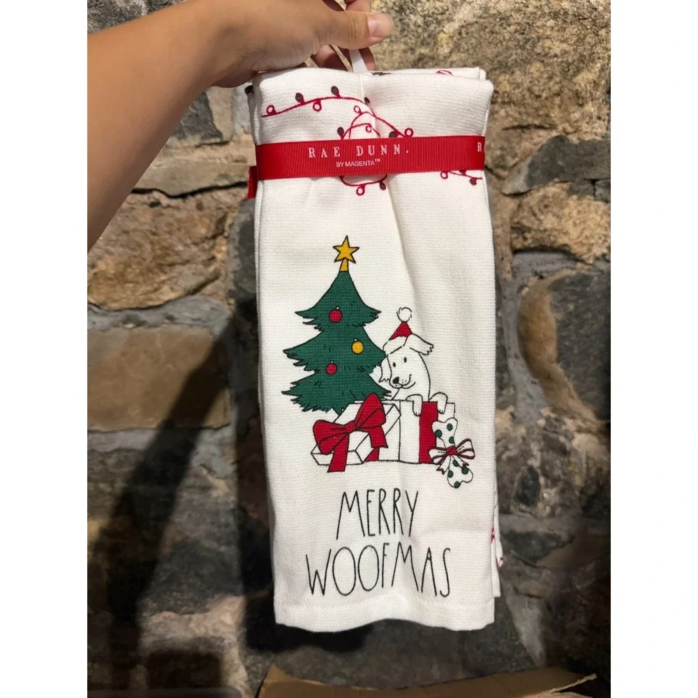 Rae Dunn Merry Woofmas Kitchen Towels Set of 3 Christmas Dog 16